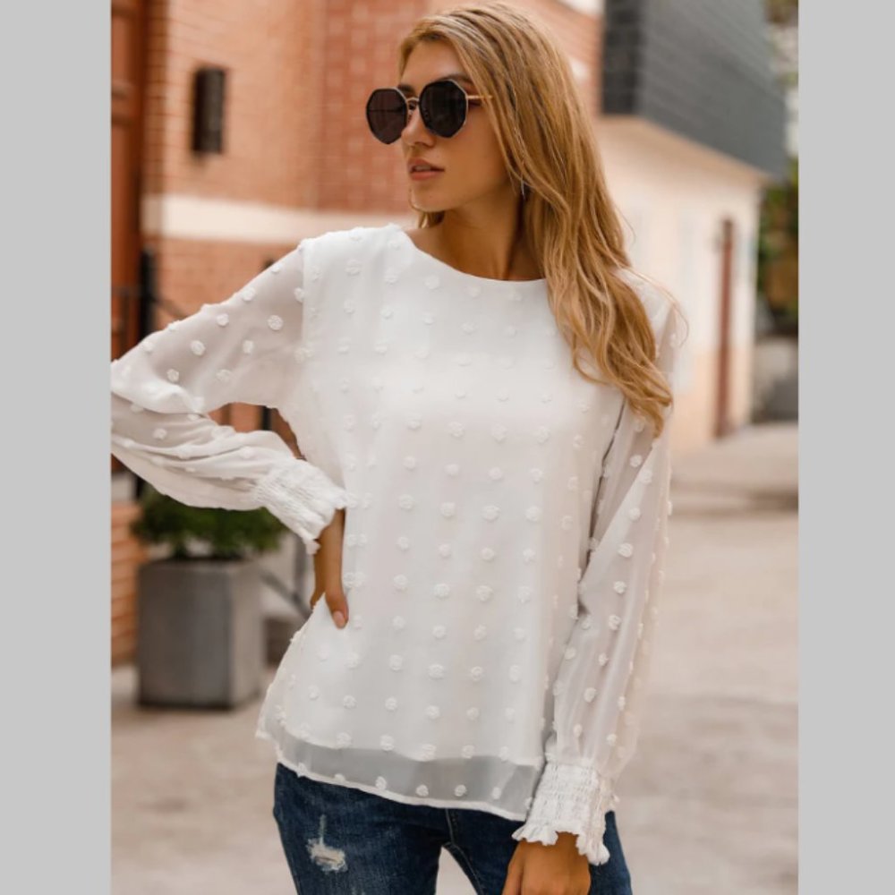 NWT Blooming Jelly Orange Chic Puff Sleeves Dotted Layered Blouse, Size M - Picture 7 of 12